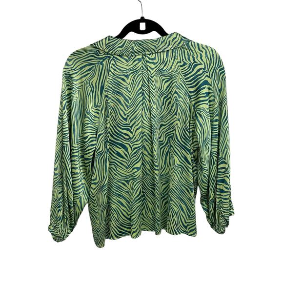 Oliver Bonas Green Satin Zebra Print Button Up Tie Front Collared Top 6 - Picture 6 of 6